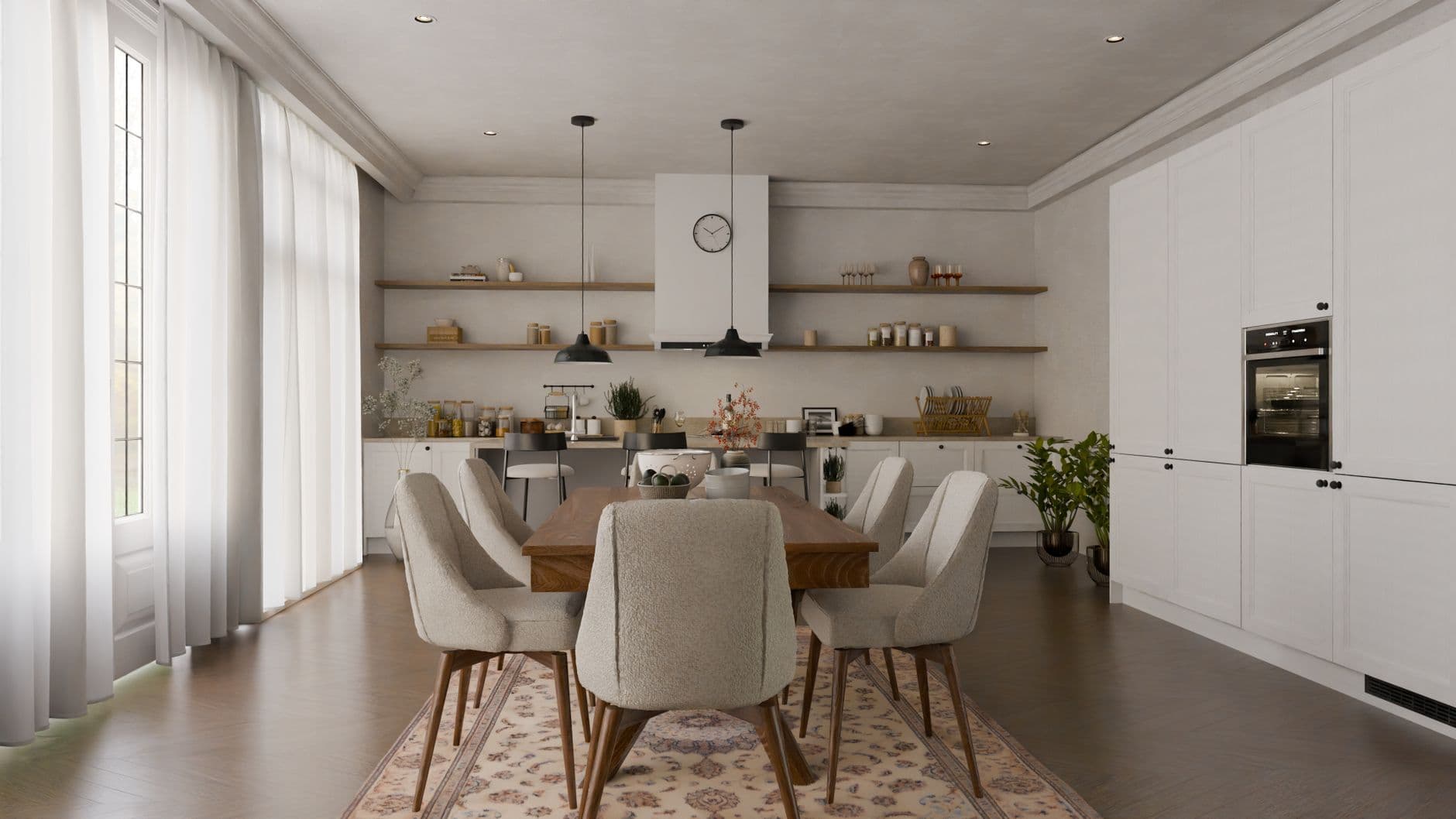 Elegant modern kitchen with a minimalist design showcasing dining set and decor.